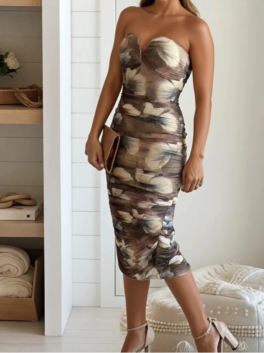 TAUPE PRINTED MESH SWEETHEART MIDI
DRESS